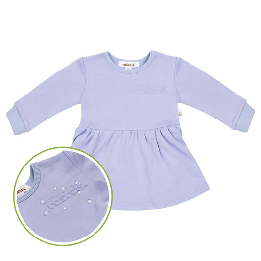 Child wearing a periwinkle lavender spill resistant dress on a transparent background by Natural Rascals