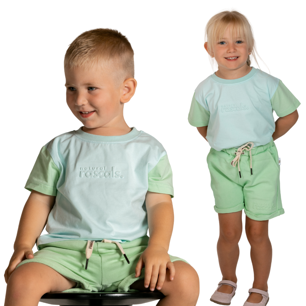 Spill-Resistant Baby & Toddler Ocean Breeze Set (Tee + Shorts) 0-3Y | Airy Blue & Mint Green