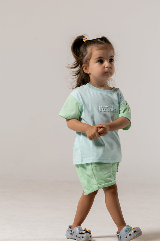 Spill-Resistant Baby & Toddler Tee & Shorts Set – Airy Blue & Mint Green | Made with Organic Cotton