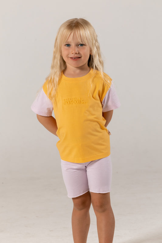 Spill-Resistant Baby & Toddler Tee & Bike Shorts Set – Apricot Orange & Soft Lilac | Organic Cotton