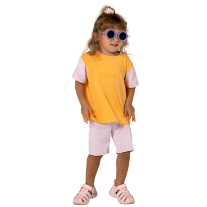Front view of apricot orange and soft lilac spill-resistant baby toddler tee by Natural Rascals.