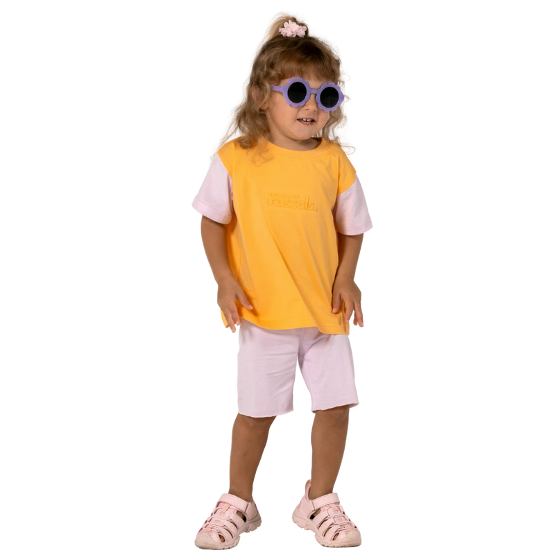 Front view of apricot orange and soft lilac spill-resistant baby toddler tee by Natural Rascals.