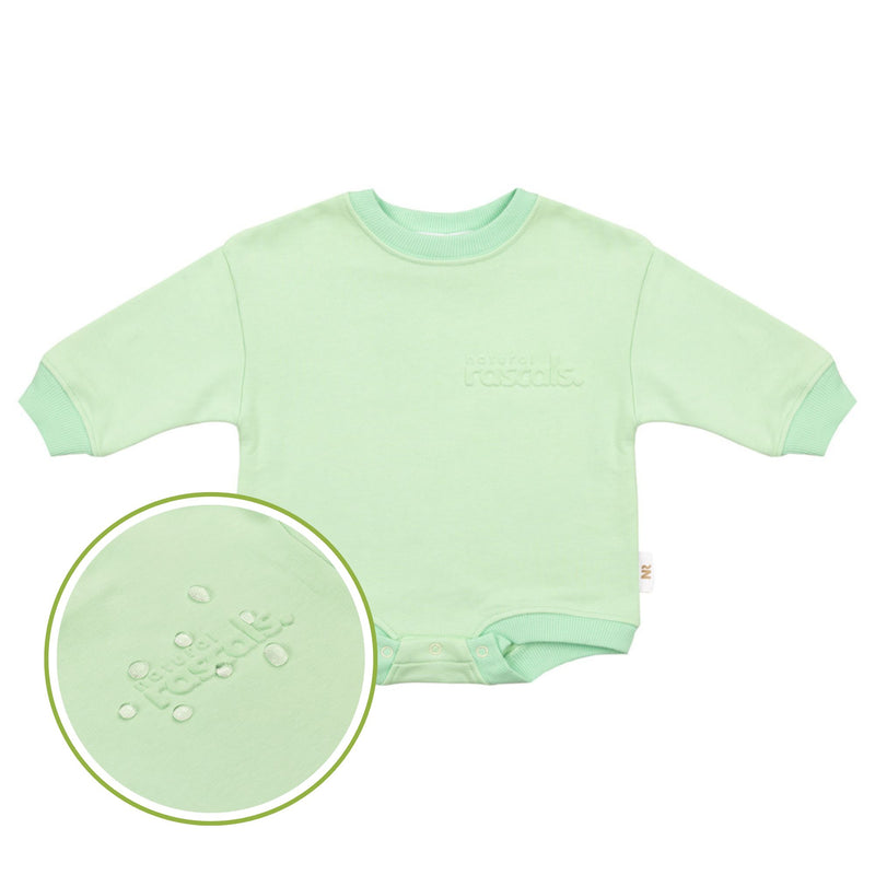 spill-resistant close-up of mint green spill resistant baby toddler romper also showing the water beading by Natural Rascals.