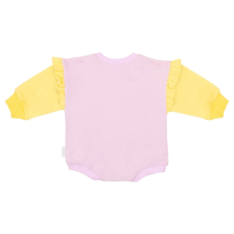 Back view of Spill-Resistant Baby & Toddler Romper in Pastel Lavender & Sunshine Yellow by Natural Rascals