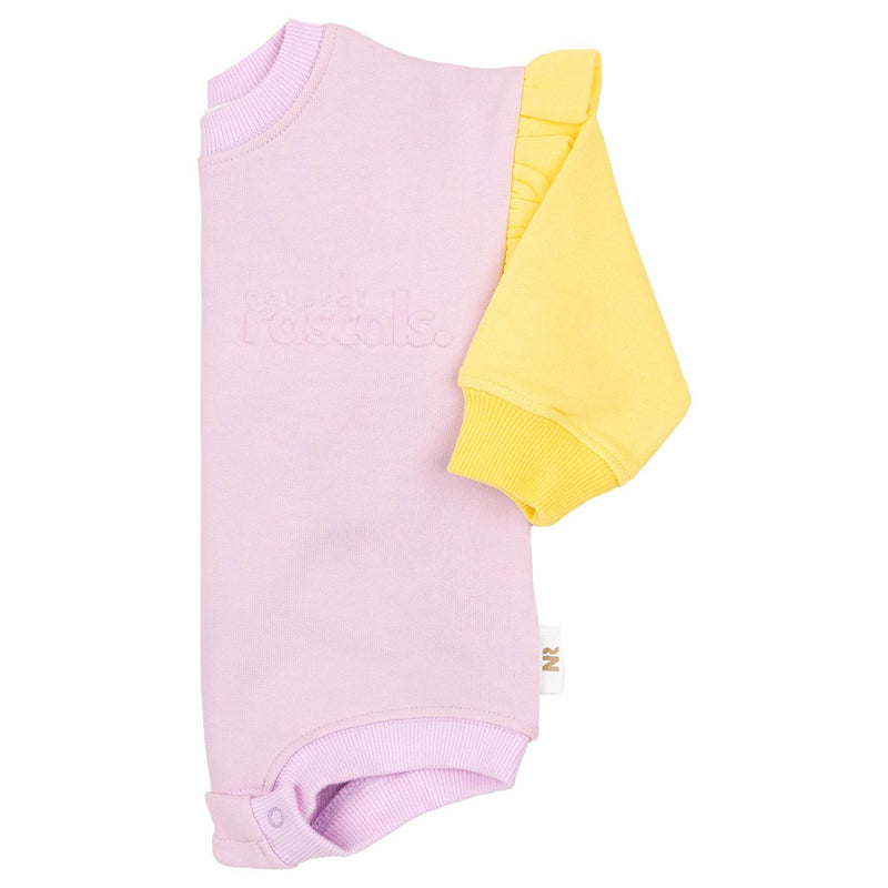 Side view of Spill-Resistant Baby & Toddler Romper in Pastel Lavender & Sunshine Yellow by Natural Rascals