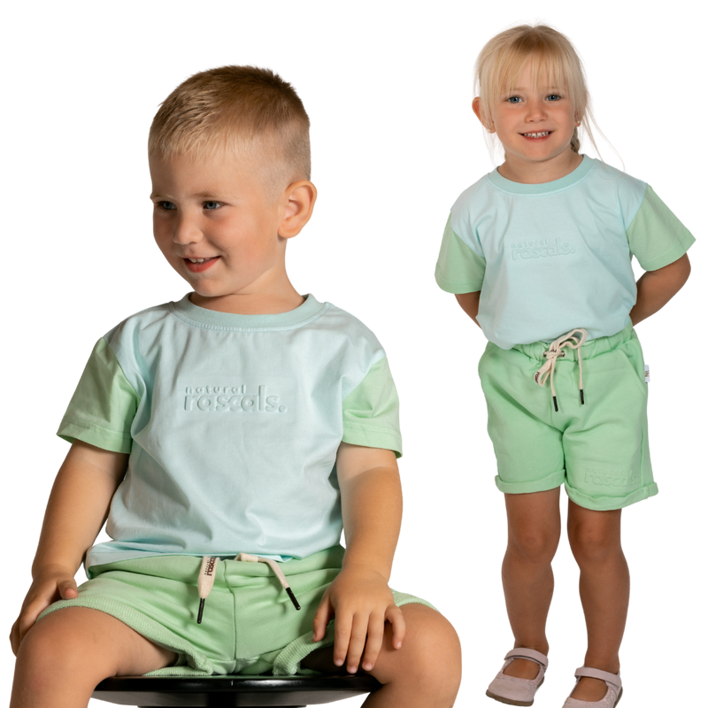 Spill-Resistant Baby & Toddler Ocean Breeze Set (Tee + Shorts) 0-3Y | Airy Blue & Mint Green