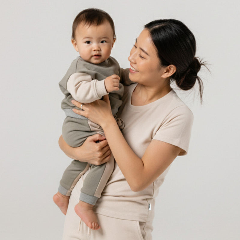 Boy with his mum wearing natural rascals spill resistant baby and toddler sweat in earth and oat color