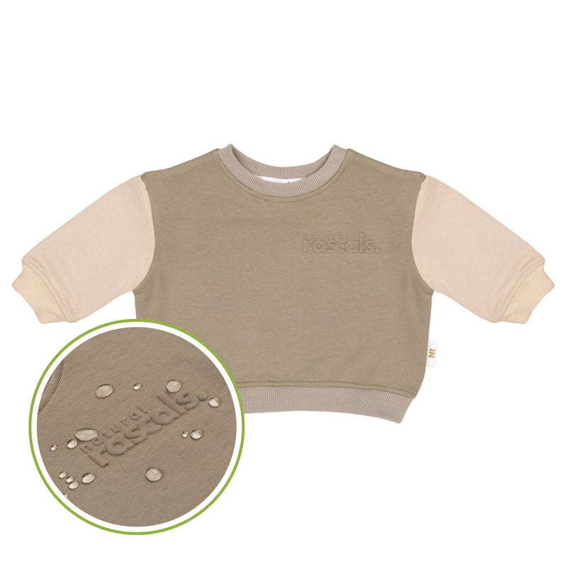 spill-resistant close-up of earthy and oat spill-resistant baby toddler sweat jumper by Natural Rascals.