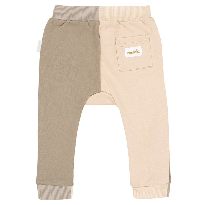 Flat lay of earthy and oat spill-resistant baby toddler jogger with pocket and ribbed cuffs by Natural Rascals.