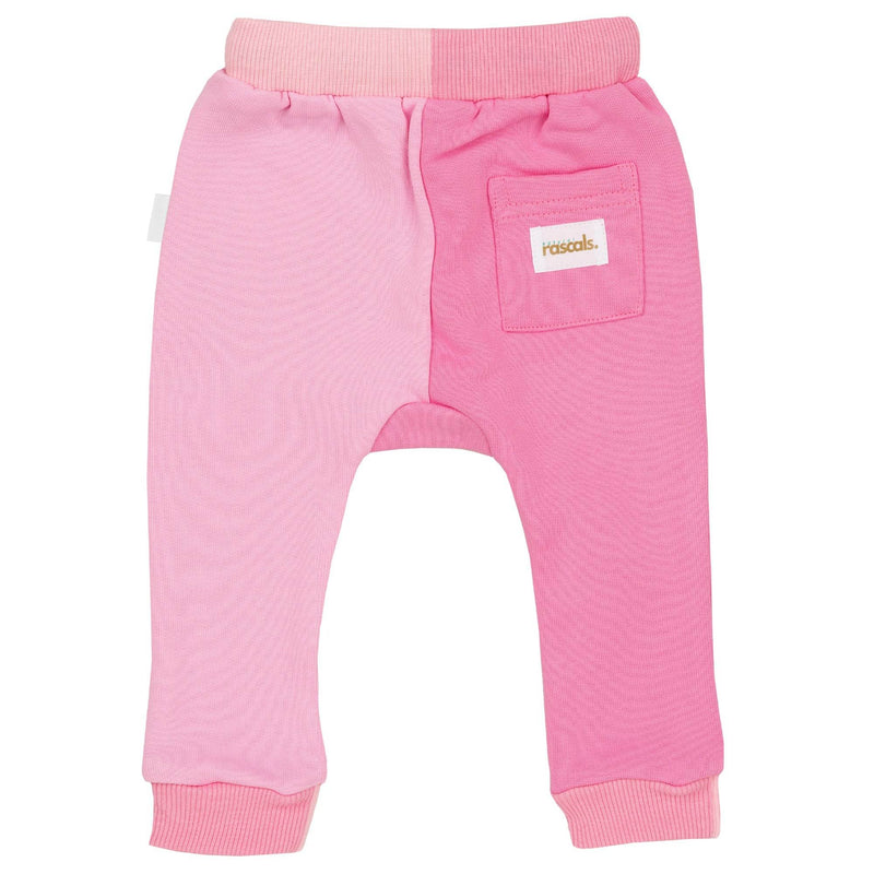 Back view of Spill-Resistant Baby & Toddler Sweat Jogger in Raspberry & Candy Pink Two-Tone by  Natural Rascals
