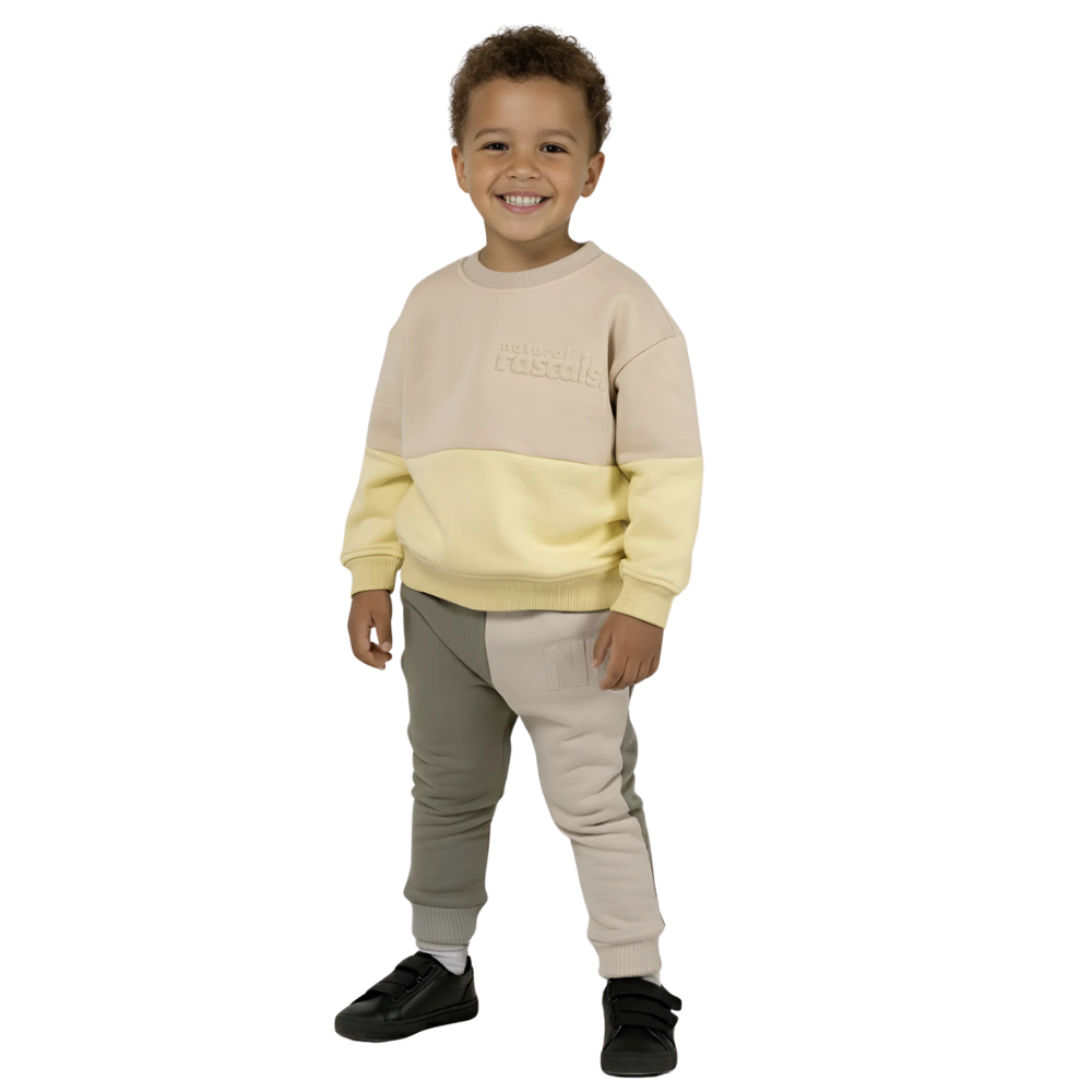 Spill-Resistant Baby & Toddler Sunshine Oat Set (Sweat + Jogger) 0-3Y | Lemonade Yellow & Earthy Oat