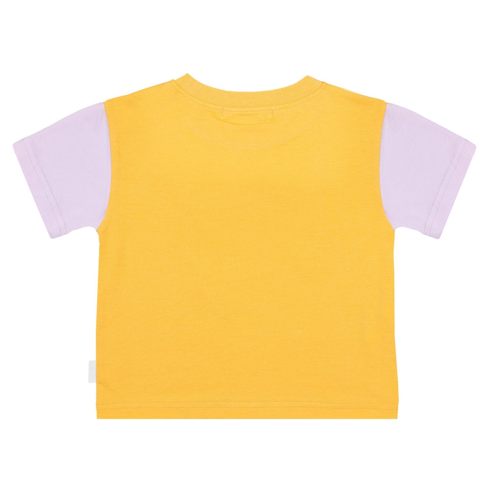Back view of apricot orange and soft lilac spill-resistant baby toddler tee by Natural Rascals.
