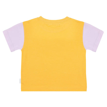 Back view of apricot orange and soft lilac spill-resistant baby toddler tee by Natural Rascals.