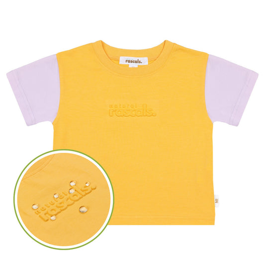 Front view of apricot orange and soft lilac spill-resistant baby toddler tee by Natural Rascals.