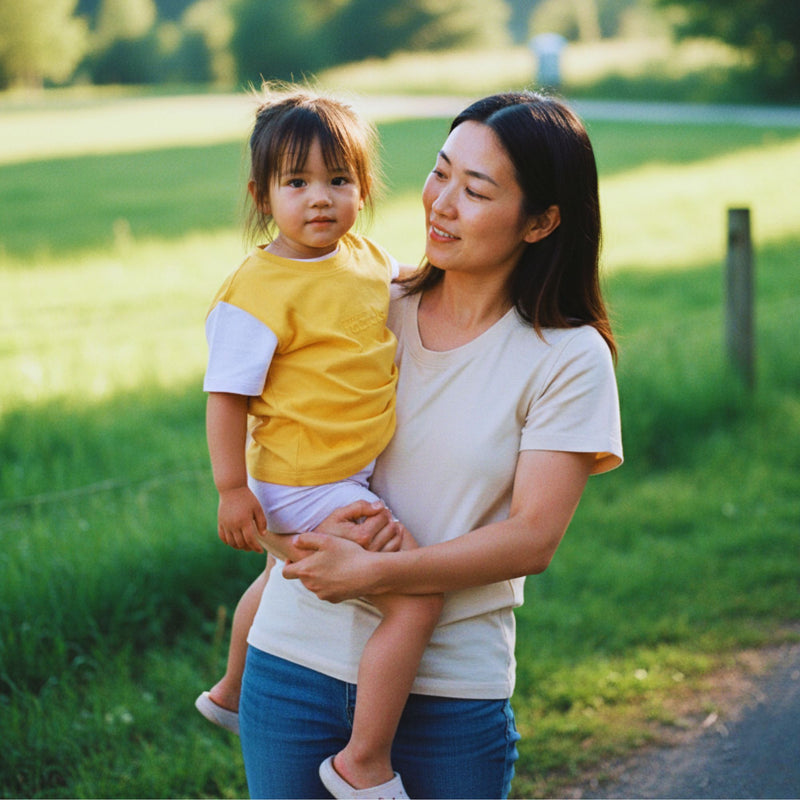 Woman holding a child in a park with green grass and trees in the  background. Child is in apricot orange and soft lilac spill-resistant baby toddler tee by Natural Rascals.